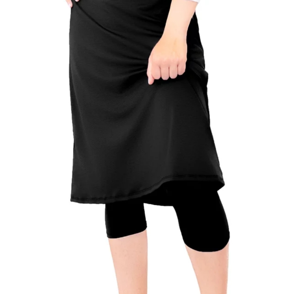 Modest A-Line swim skirt with attached Capri leggings.